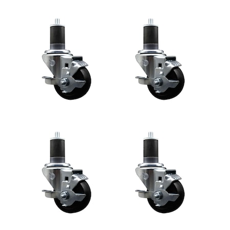 Service Caster 3'' SS Hard Rubber Swivel 1-5/8'' Expanding Stem Caster Set with Brake, 4PK SCC-SSEX20S314-HRS-TLB-158-4